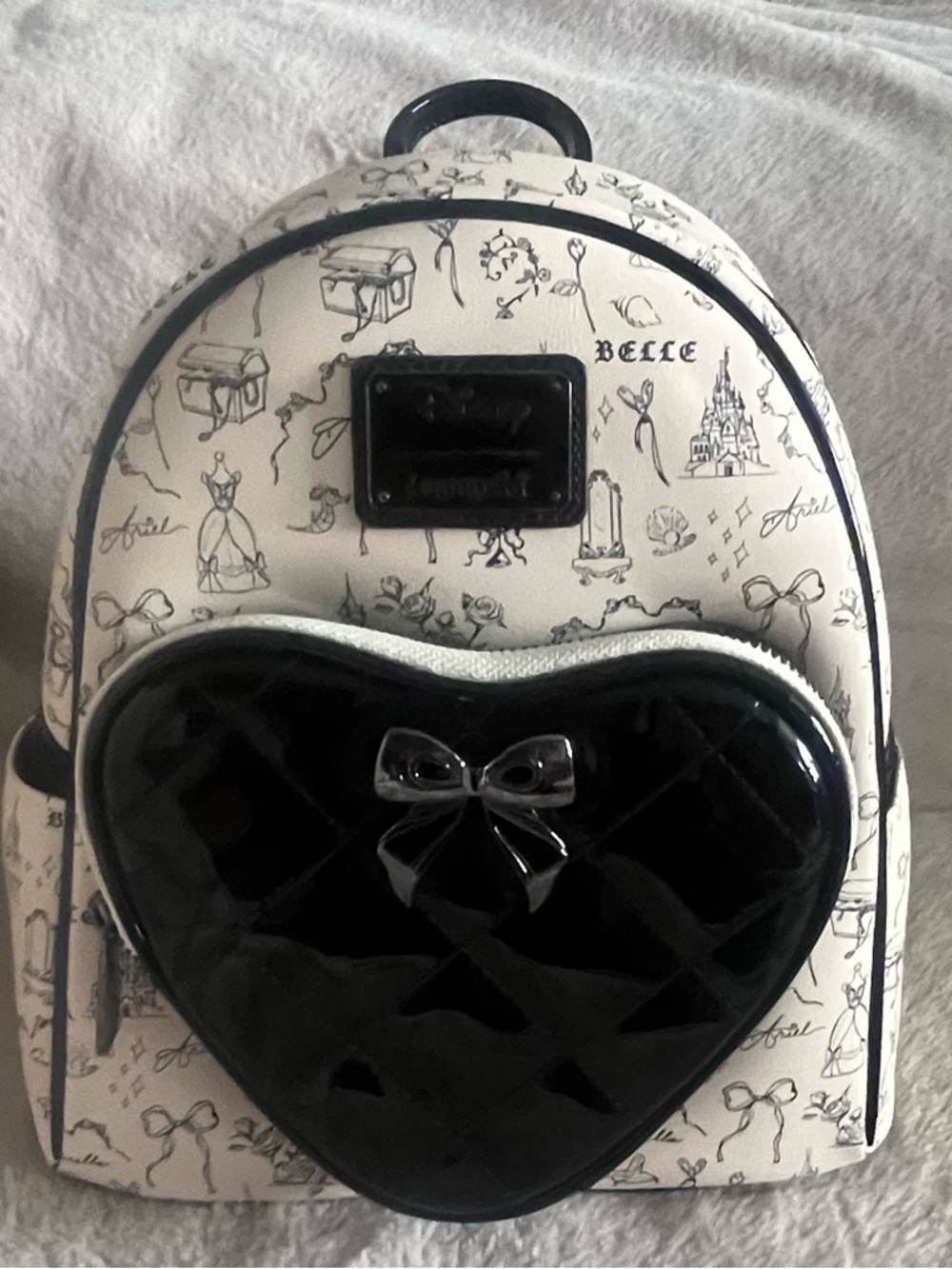 Loungefly Black and White Disney Belle Sketch Heart Front Backpack